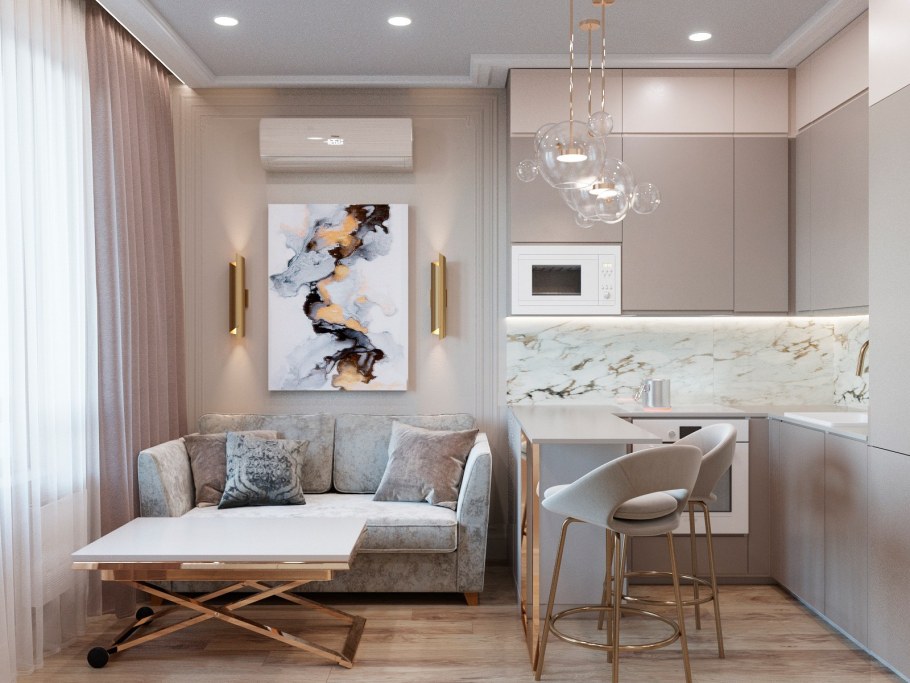 Пудровая кухня гостиная