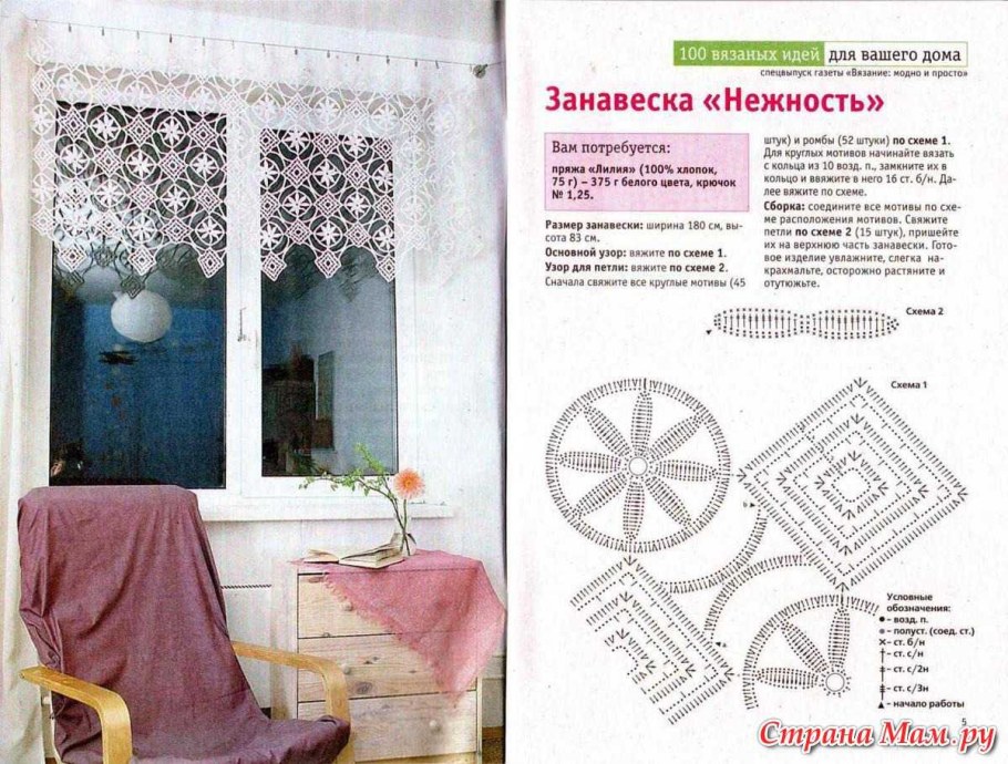 Занавеска на кухню крючком со схемами и описанием