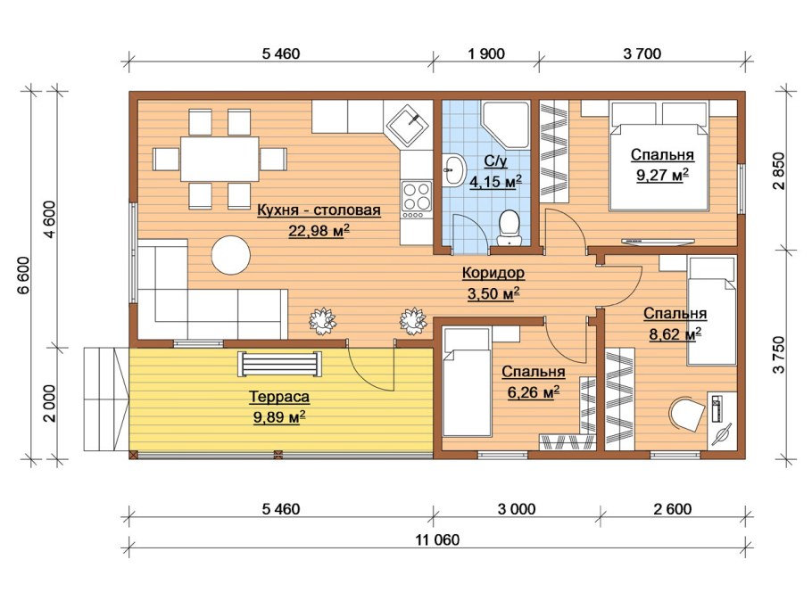 Планировка одноэтажного каркасного дома 6х12