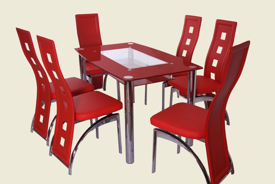 Столовая группа Table w/6 Red & Silver Dining Chairs