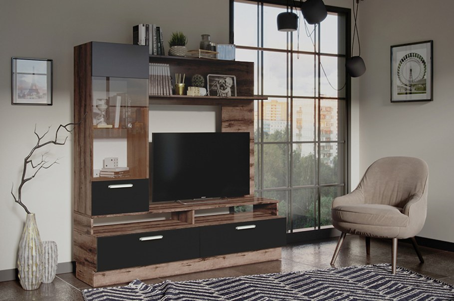 Модульная гостиная «Инфинити» (черный, дуб монастырский)