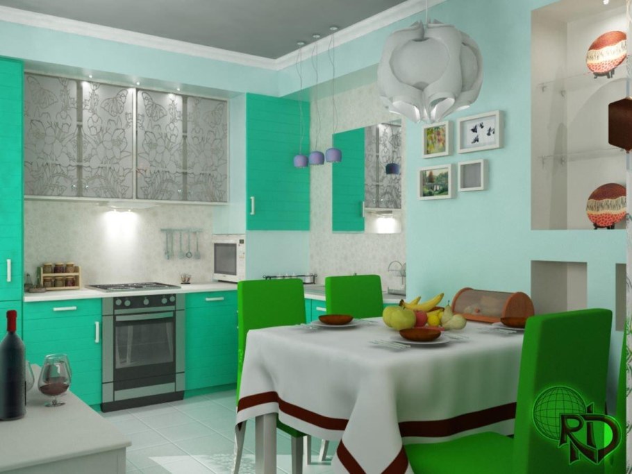 Мятный цвет стен на кухне