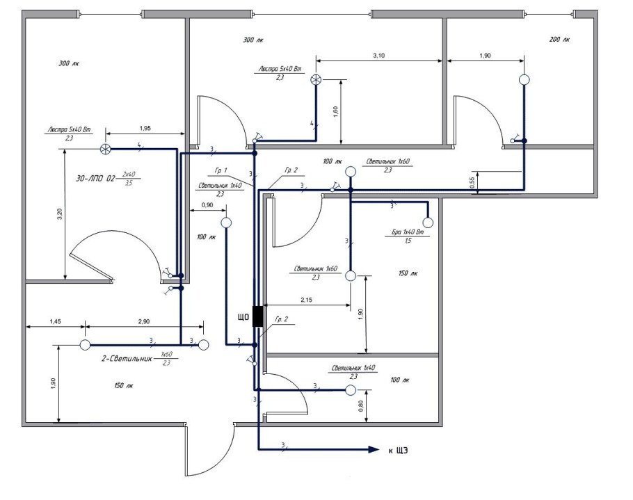 Схема освещения и розеточной сети