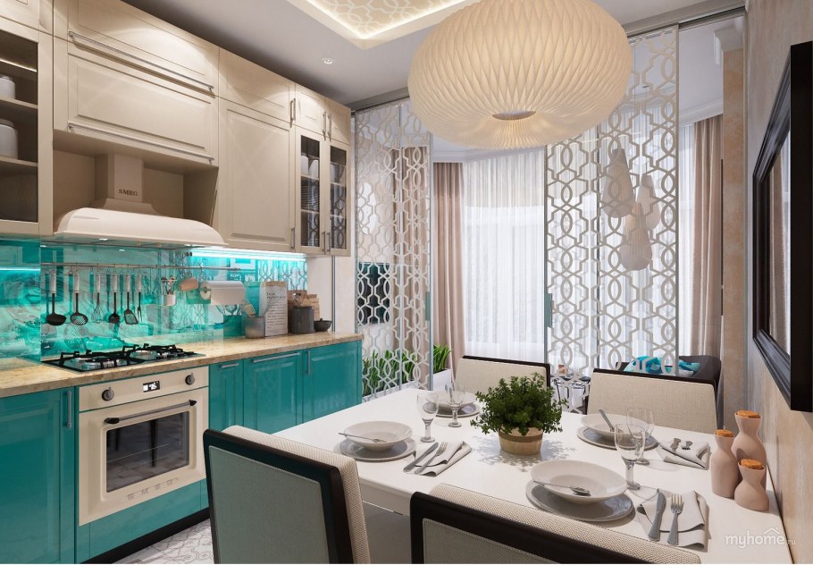 Кухня в бежево бирюзовых тонах