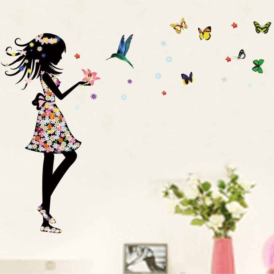 Наклейка на стену девушка с бабочками
