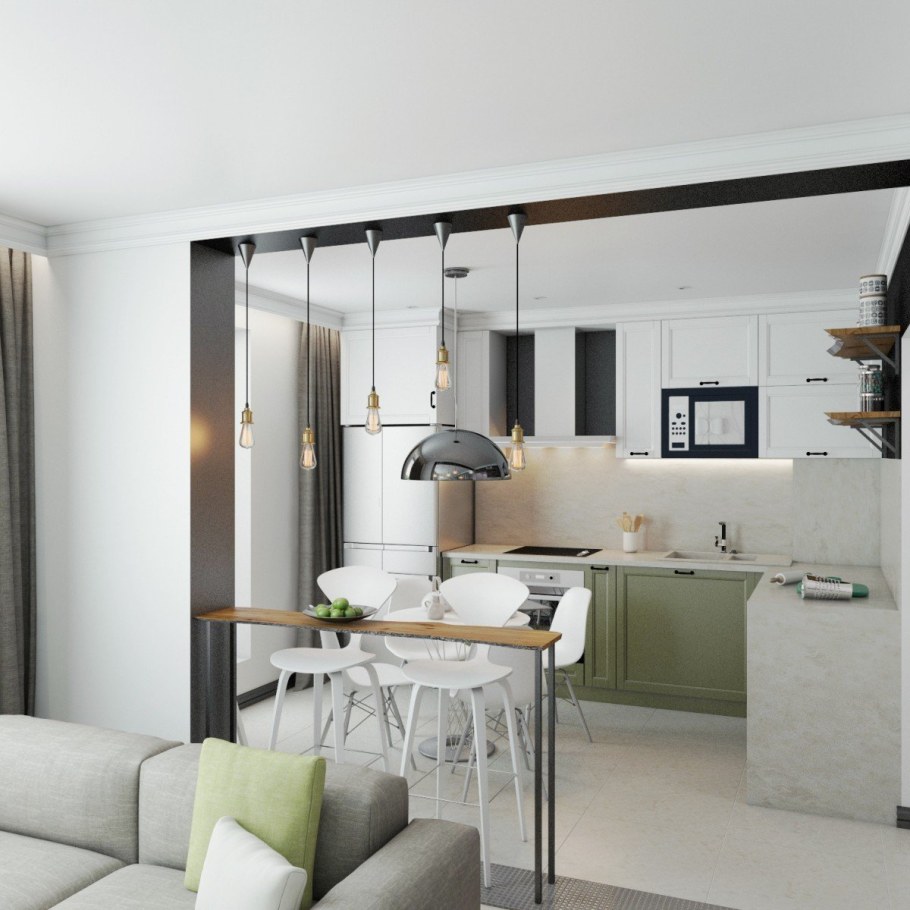 Зонирование кухни в студии 30 кв.м