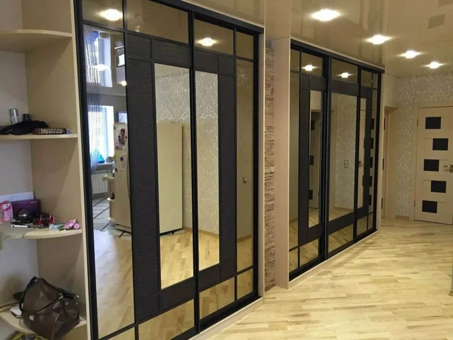 Шкаф-купе в прихожую темный с зеркалом