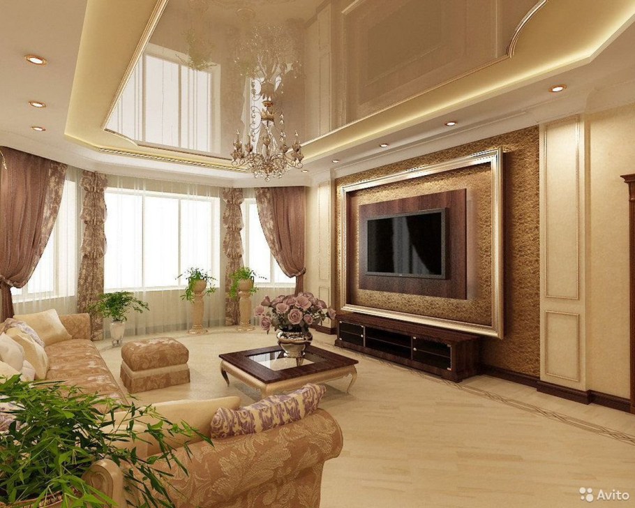 Натяжной потолок с эркером в гостиной