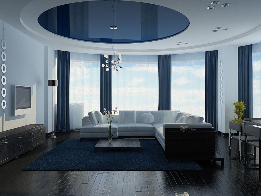 Натяжной потолок с эркером в гостиной