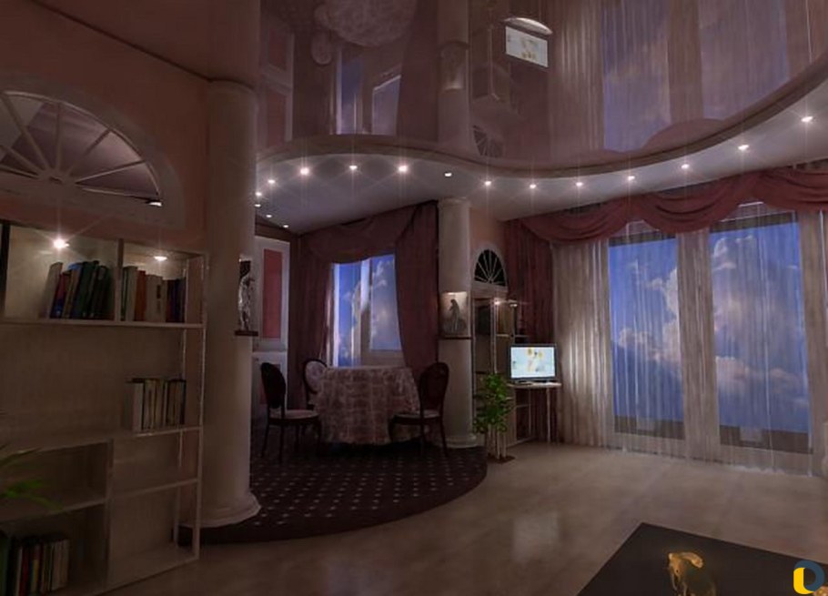 Двухуровневый натяжной потолок в кухне гостиной