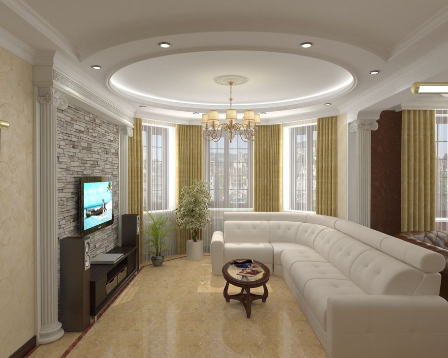 Потолок в гостиной с эркером