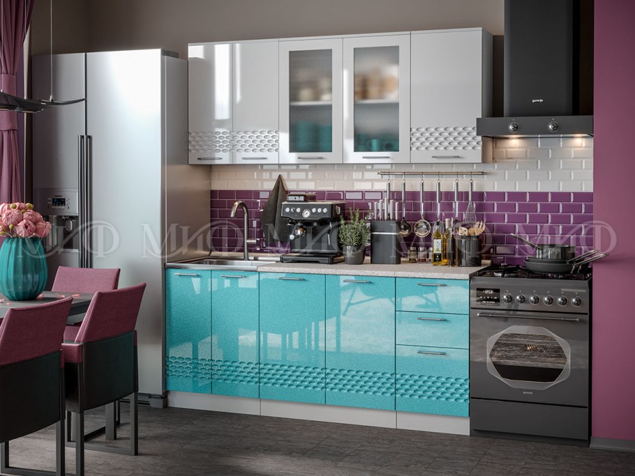 Кухня Техно 2.0м белый глянец / бирюза металлик