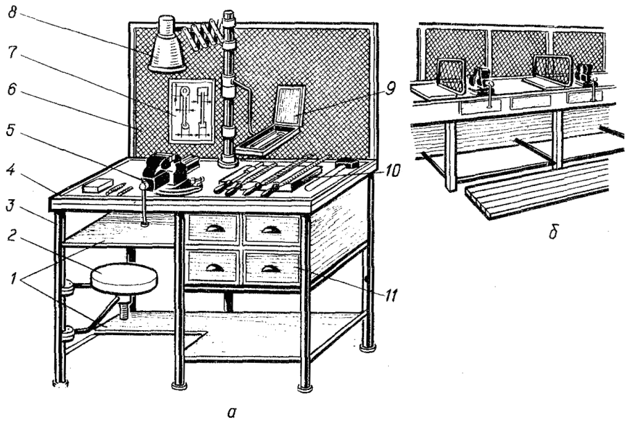 Слесарный верстак с регулируемыми по высоте тисками
