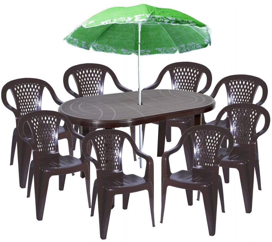 Пластиковый стол и стулья с зонтом