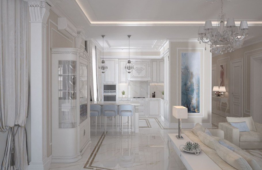 Кухня-гостиная современная классика в светлых