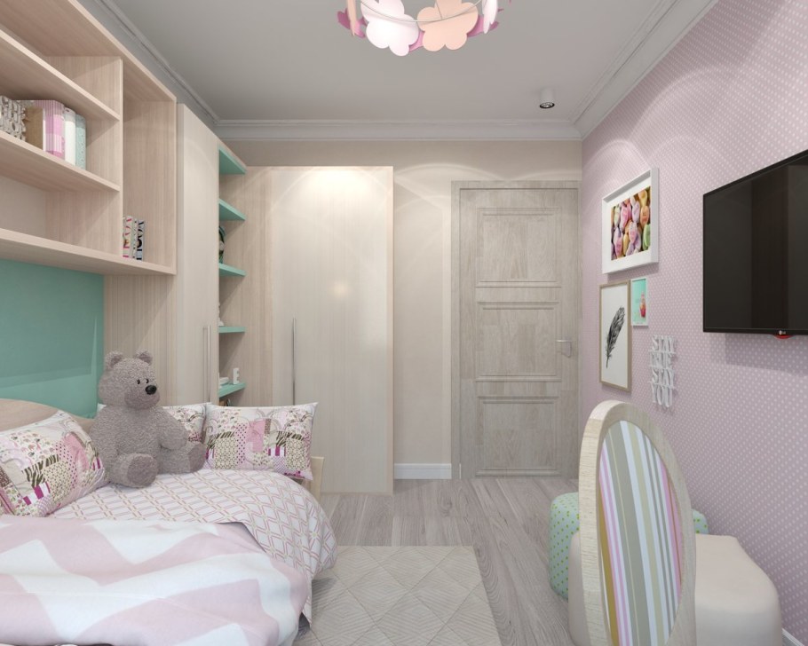 Узкая детская комната для девочки