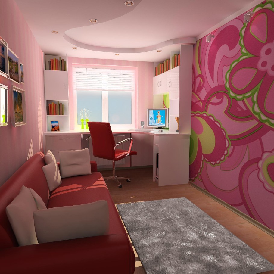 Узкая детская комната для девочки