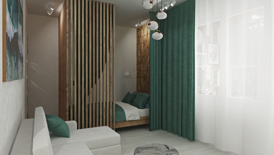 Зонирование перегородками со шторами в гостиной