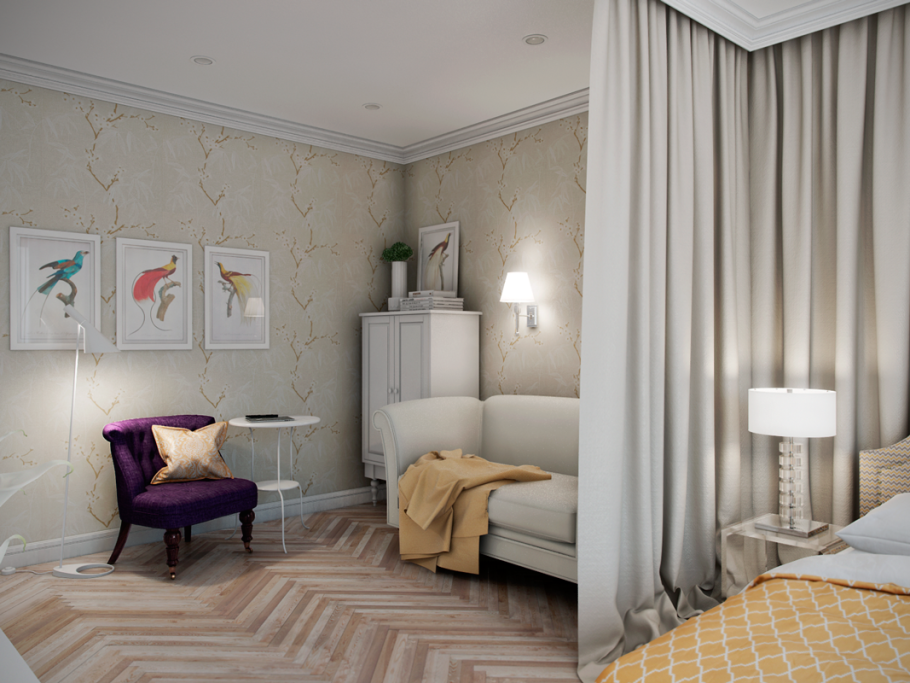 Зонирование спальни шторами