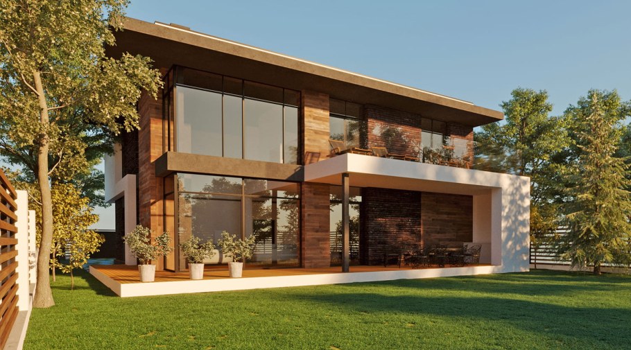 Коттедж с плоской крышей и панорамными окнами