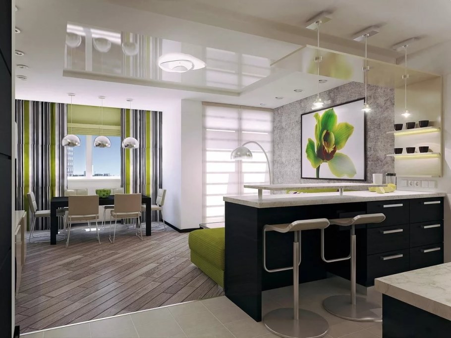 Кухня студия с барной стойкой