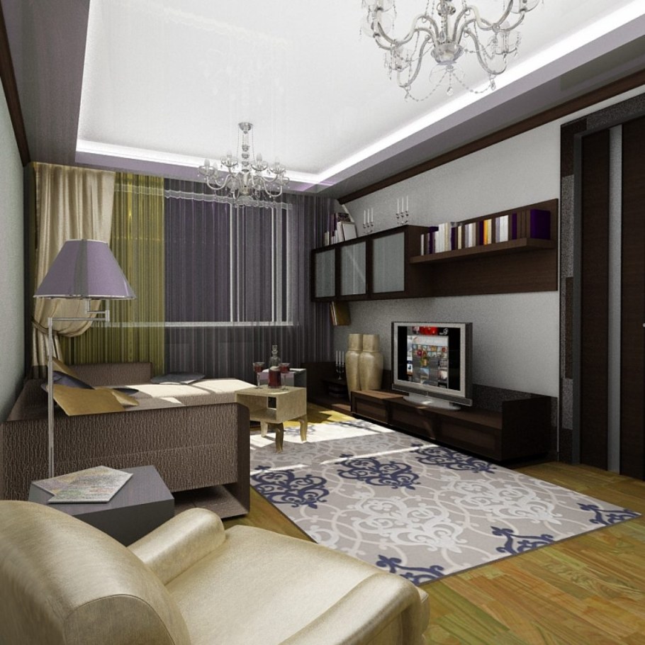 Дизайн натяжных потолков в гостиной