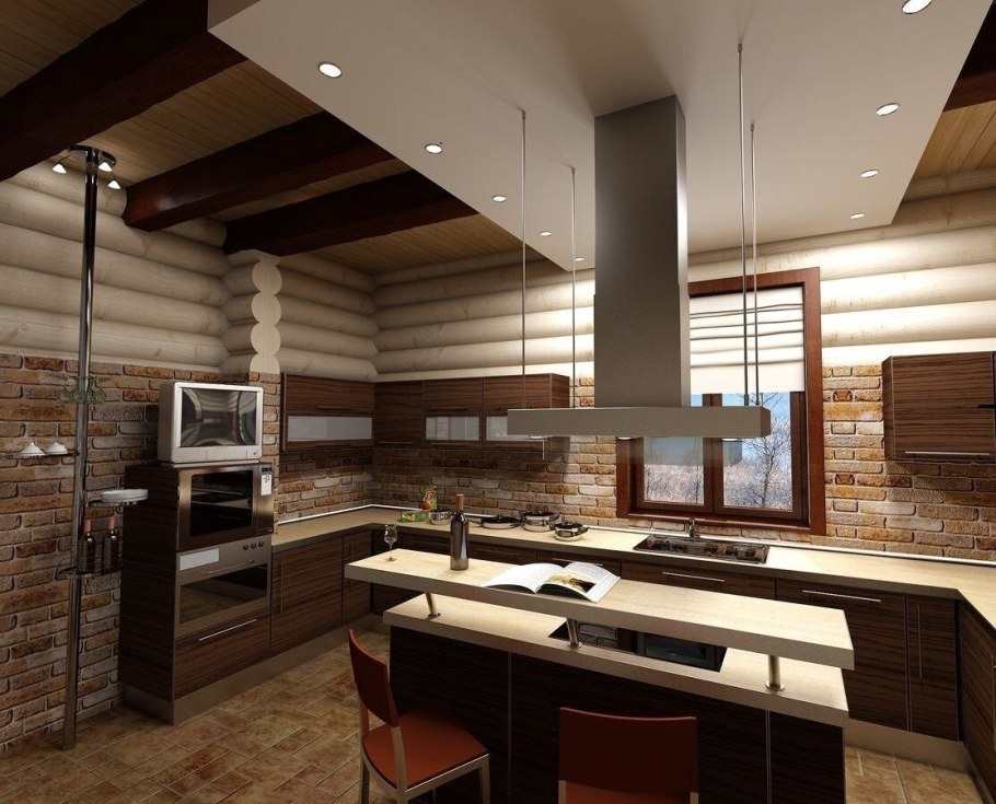 Современная кухня в бревенчатом доме