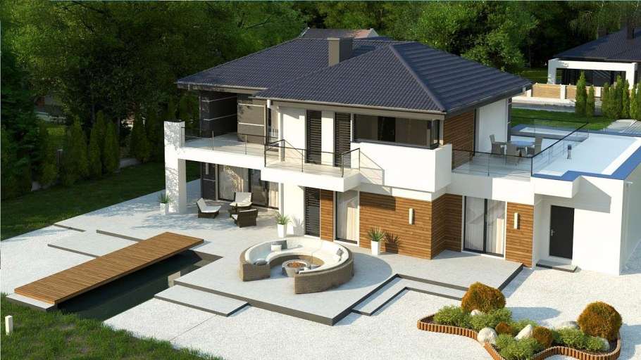 Дом с двухскатной крышей и террасой