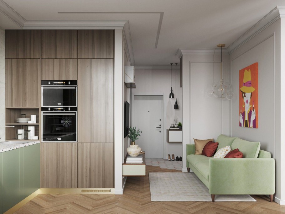 Интерьер студии 22м прямоугольной