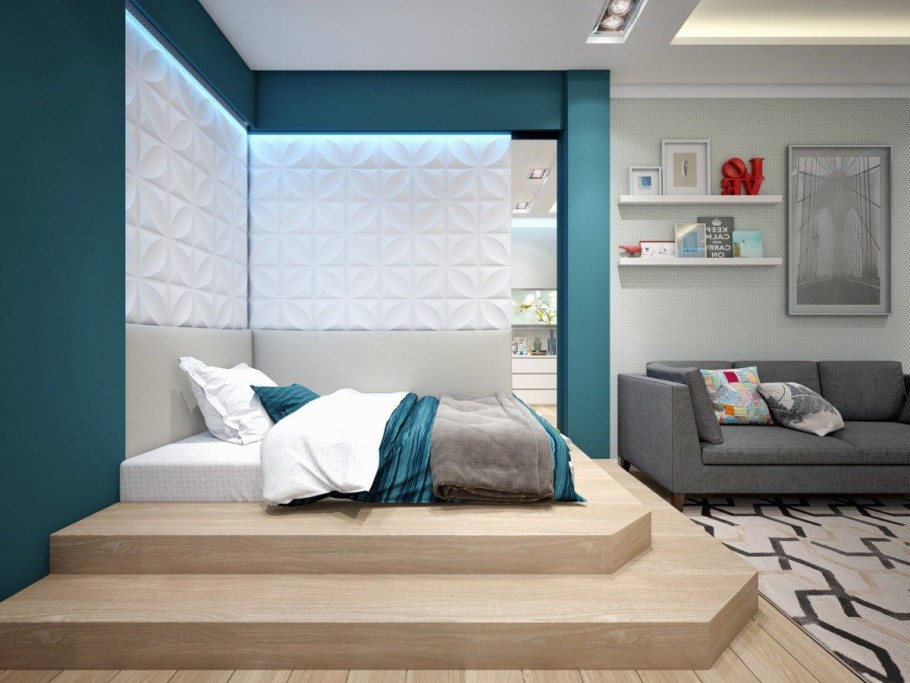 Интерьер спальни с подиумом