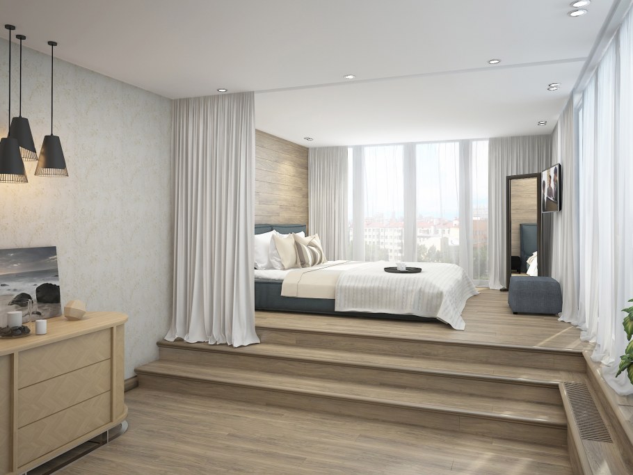 Кровать на подиуме в интерьере