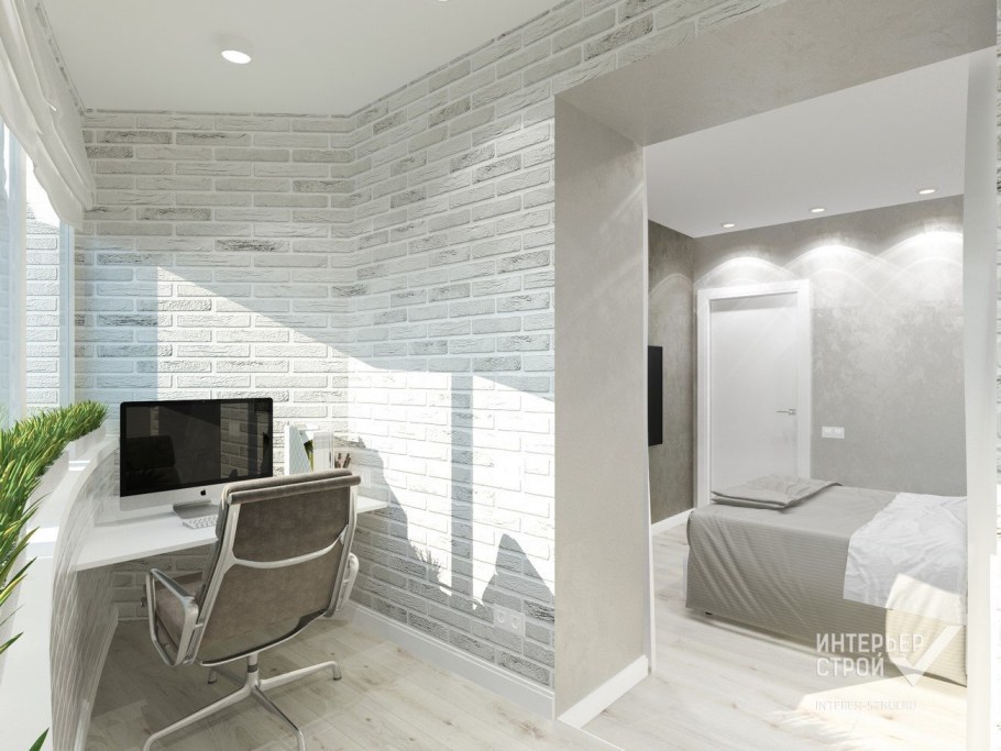 Белый балкон кирпич Объединенный с комнатой