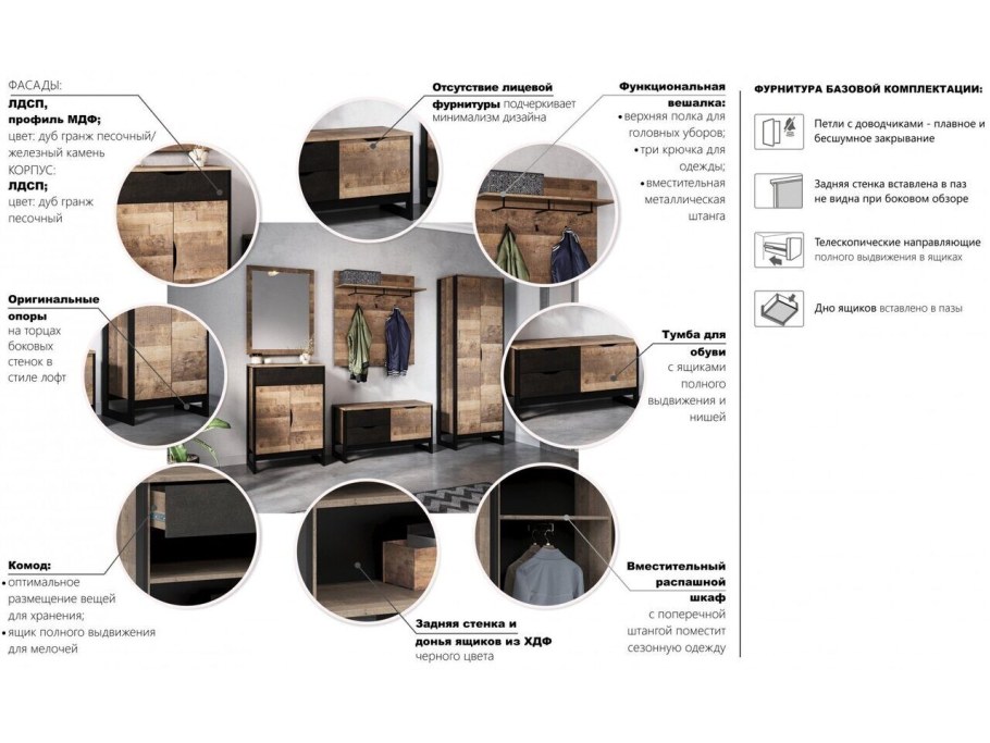 Дуб гранж песочный/Железный камень мебель
