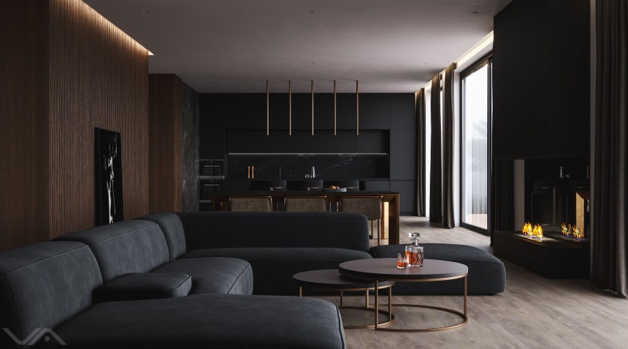 Гостиная с коричневой мебелью