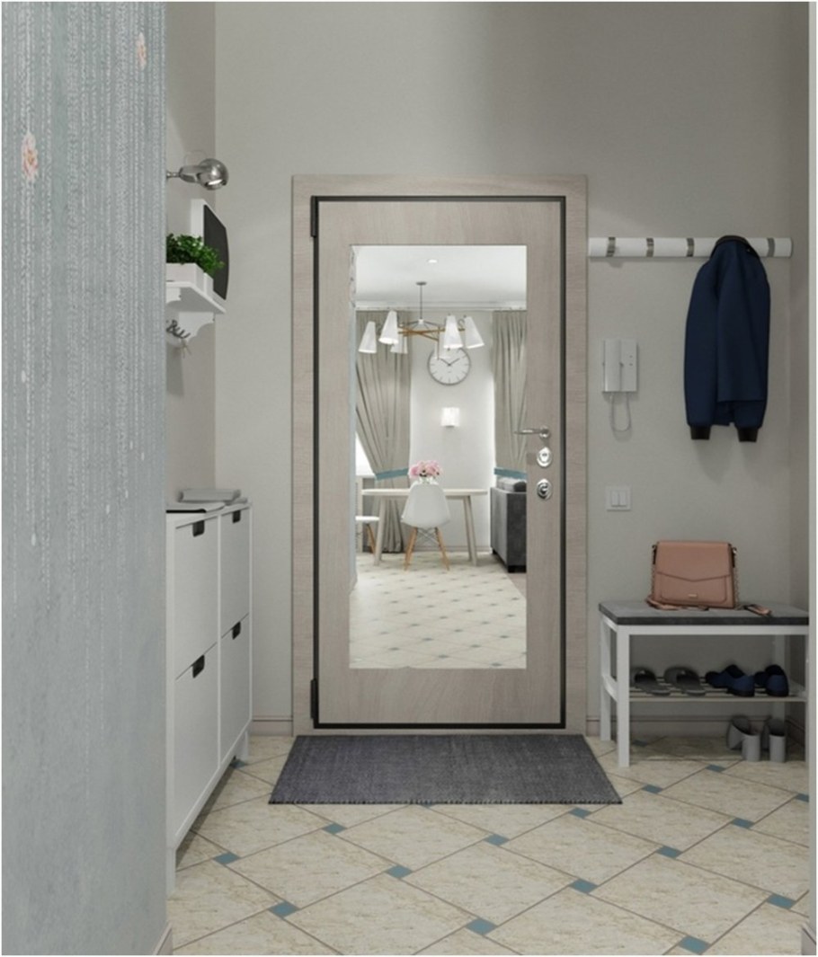 Входная дверь с зеркалом в интерьере прихожей