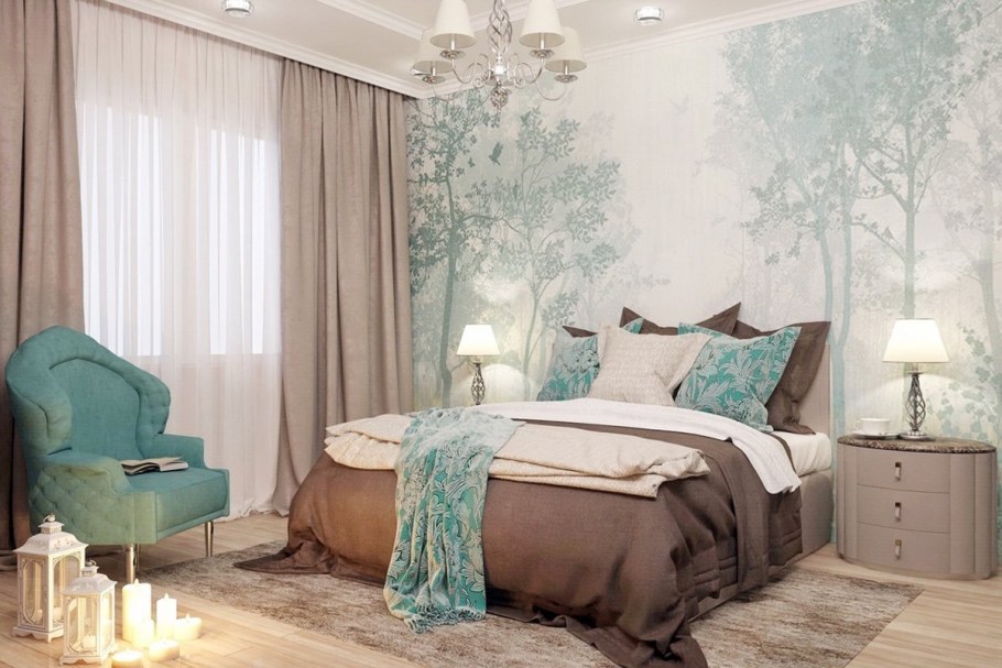 Спальня в бежево зеленых тонах