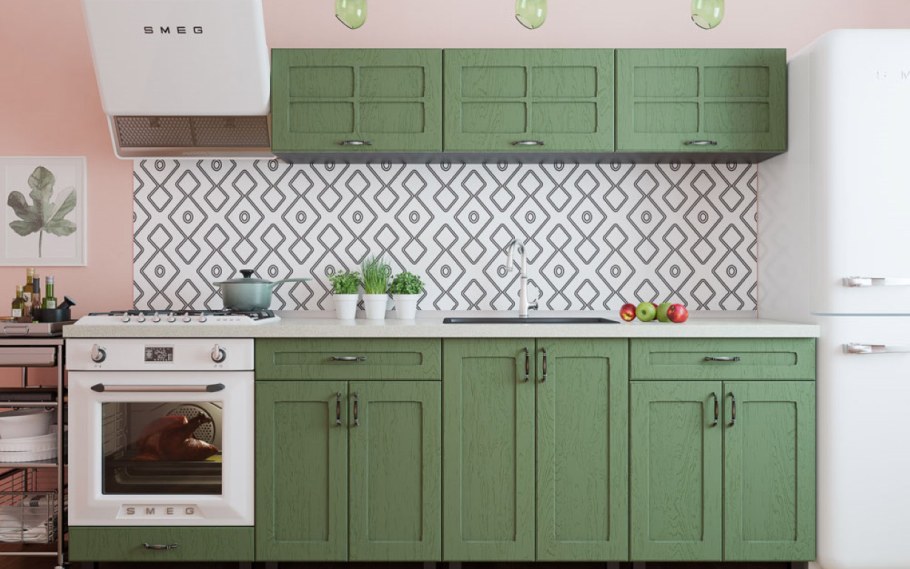 Кухня Модена белая с зеленым 3м