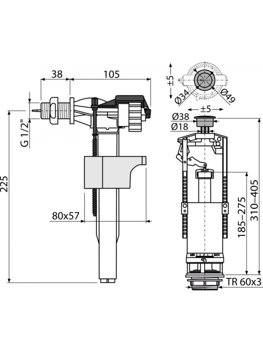 Комплект арматуры ALCAPLAST sa2000s 1/2" стоп-система нижняя