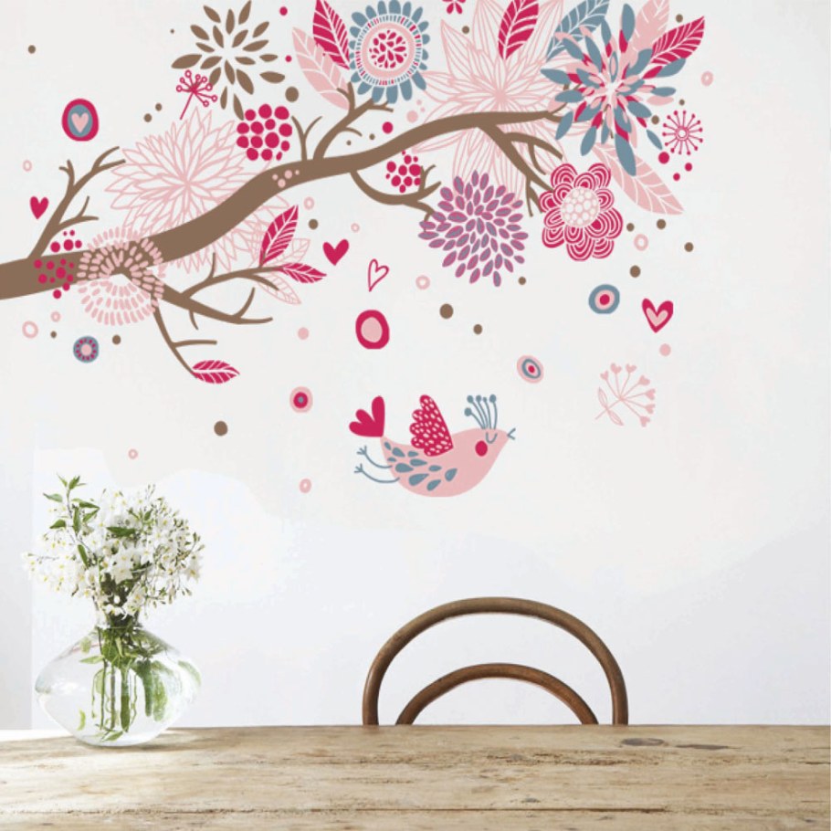 Наклейка интерьерная винил "цветущее дерево с птицей". 904611