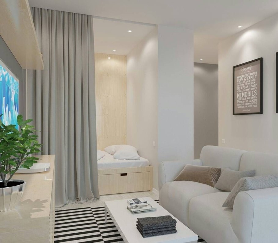 Зонирование однокомнатной квартиры шторами