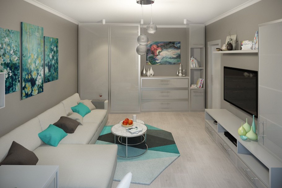 Небольшая гостиная в бирюзовых тонах