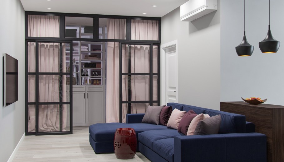 Зонирование гостиной и гардеробной