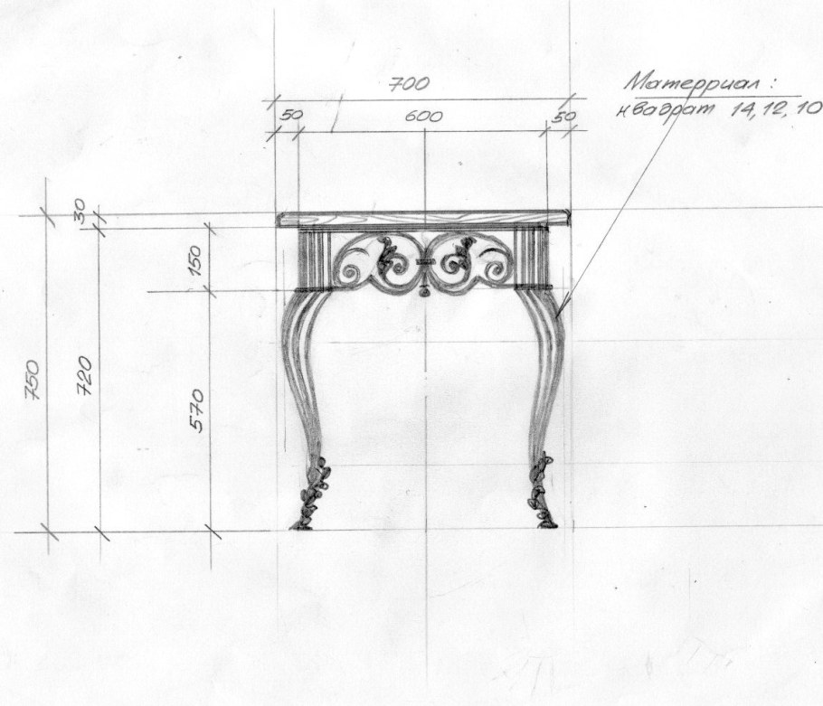 Чертеж ножки кабриоль 50x50