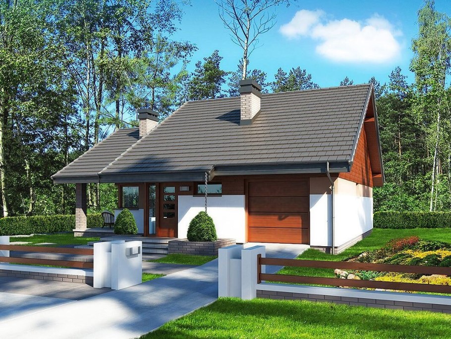 Одноэтажный дом с ассиметричной двускатной крышей