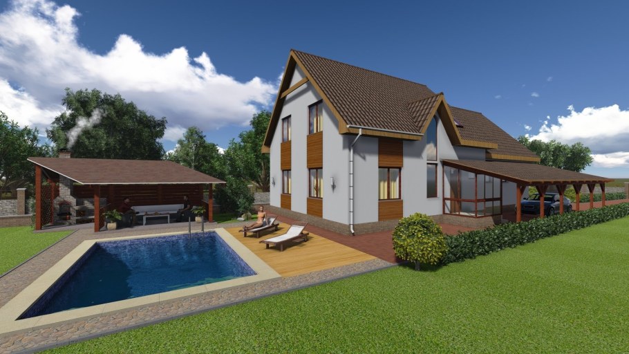 Двухэтажный дом с террасой и бассейном