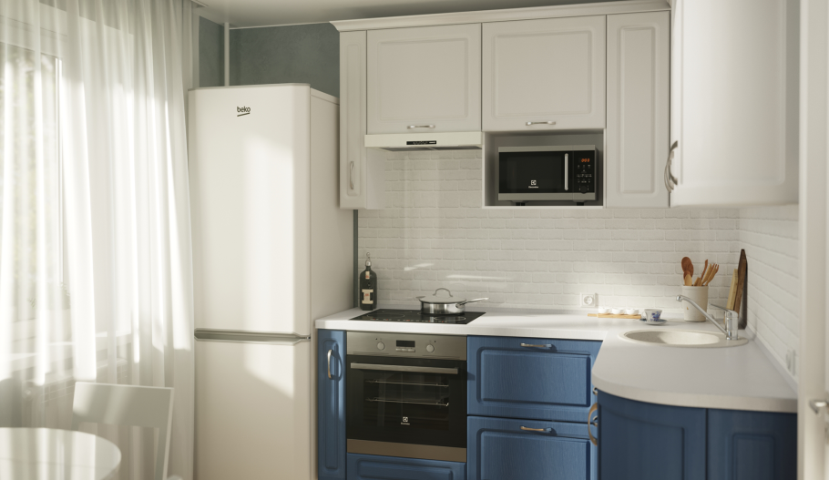 Голубая микроволновка на белой кухне