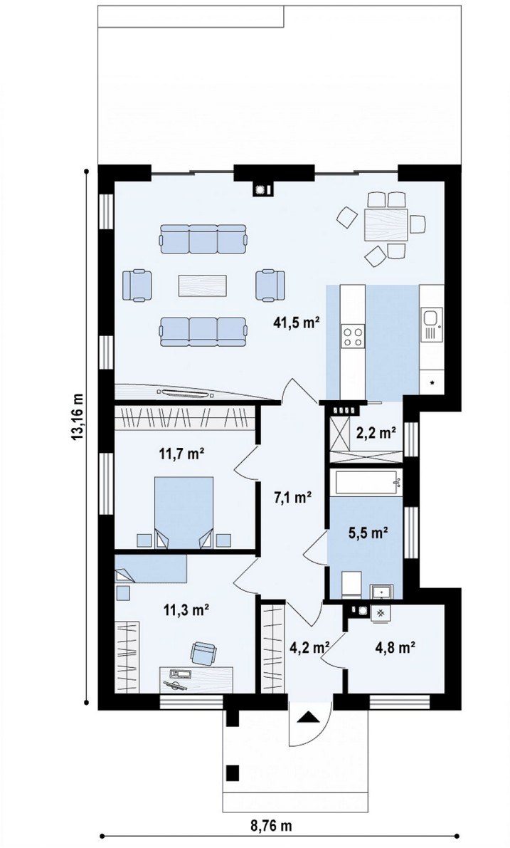 Планировка одноэтажного дома 80 кв.м с 2 спальнями и террасой
