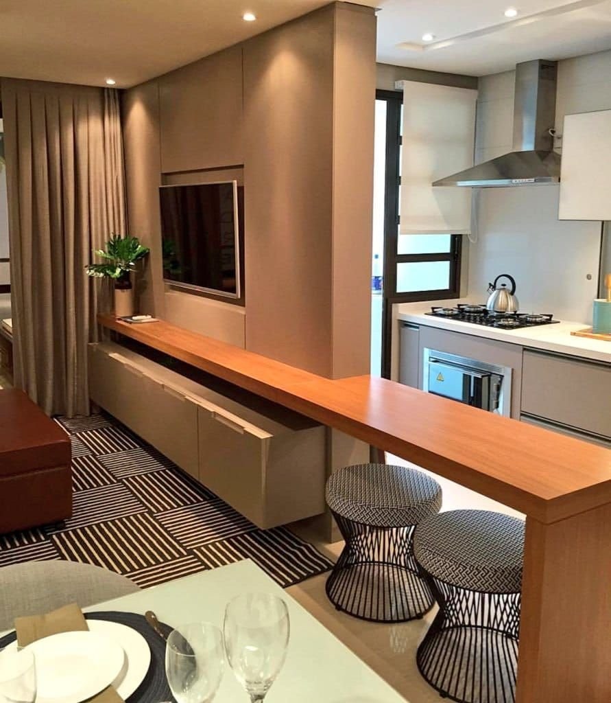 Кухня гостиная с встроенной барной стойкой посередине (77 фото)