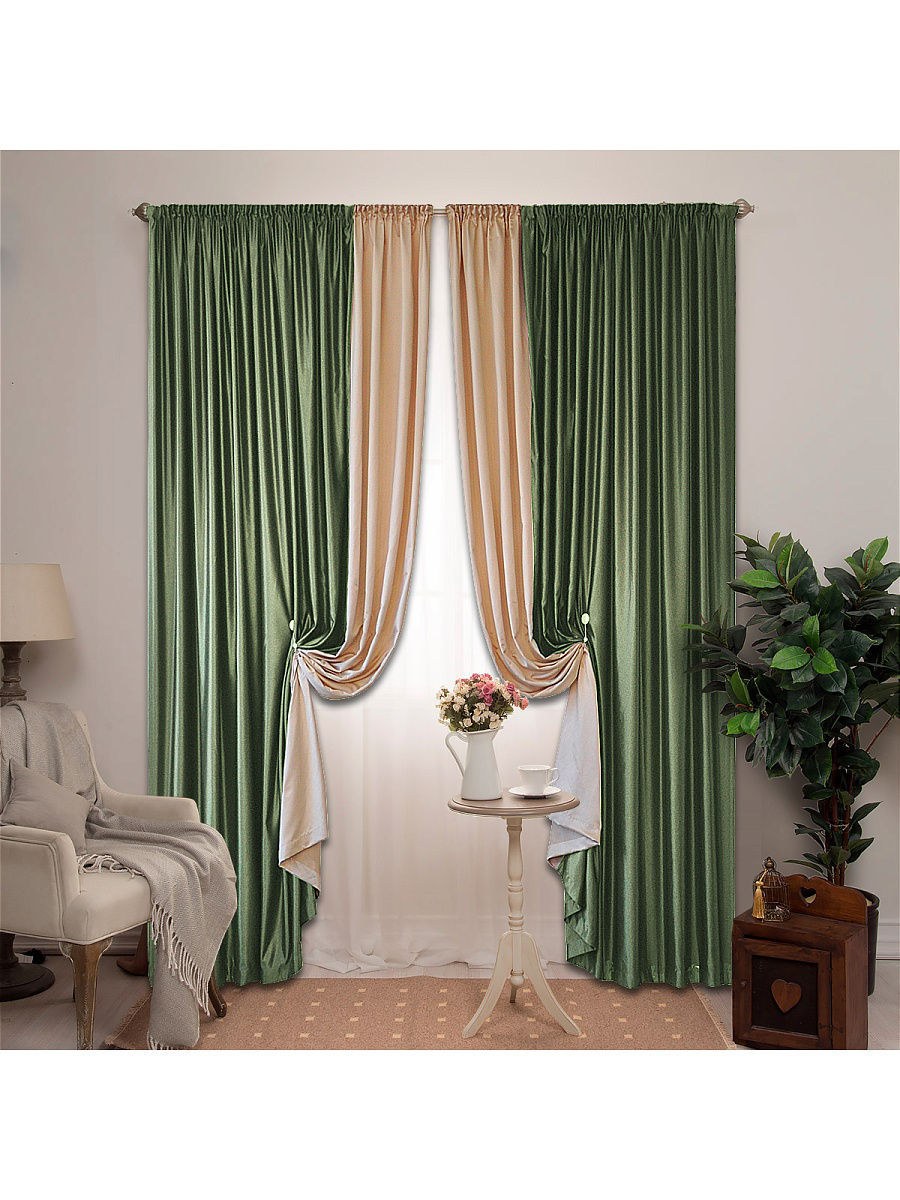 Шторы зеленые с золотом