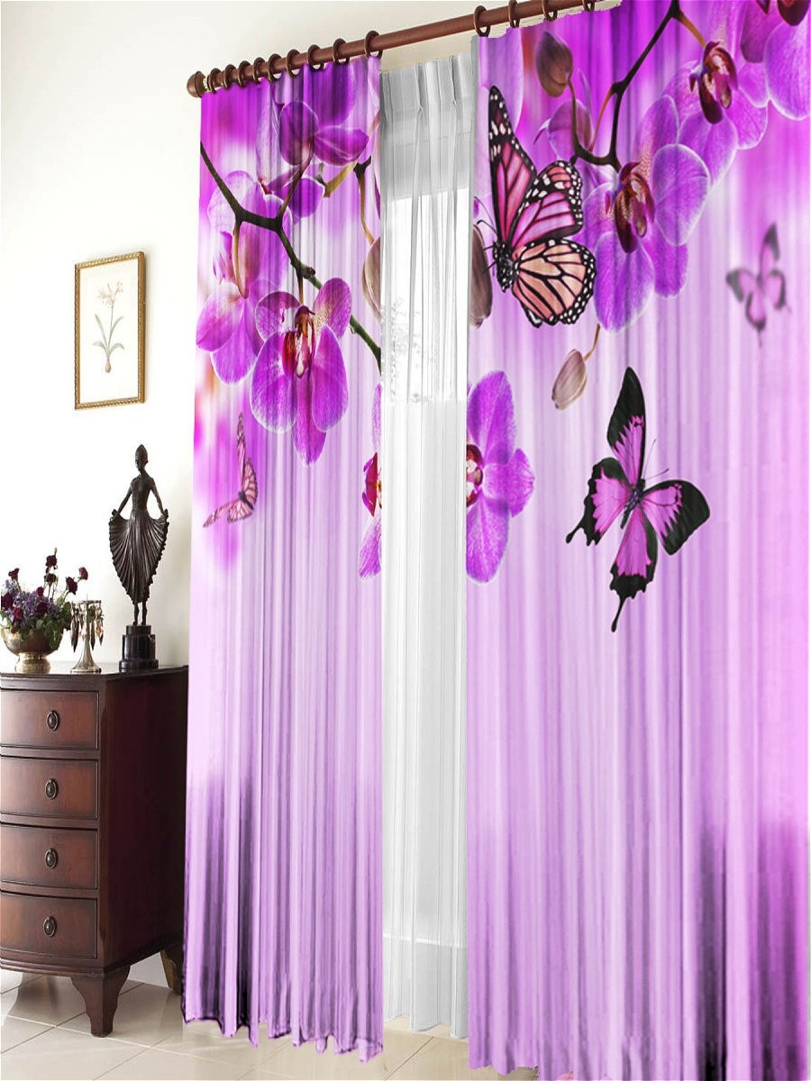 Тюль с сиреневыми цветами